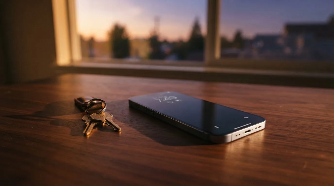 Ein Smartphone mit dunklem Display liegt auf einem Holztisch, daneben ein Schlüsselbund, im Hintergrund ein Fenster mit Abendlicht.