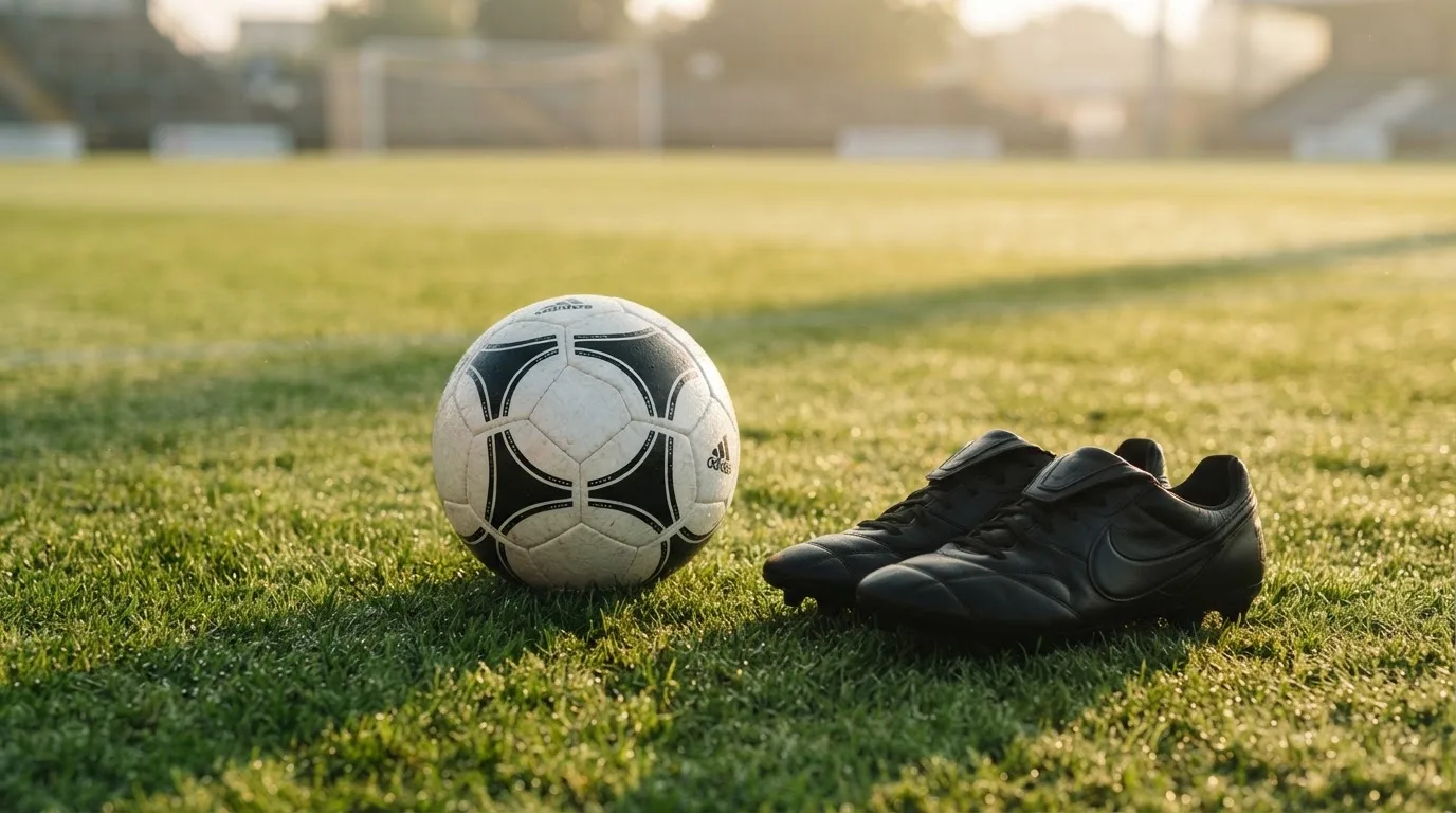 Ein Fußball auf frisch gemähtem Rasen im Morgenlicht, daneben ein Paar Fußballschuhe ohne erkennbare Marke.