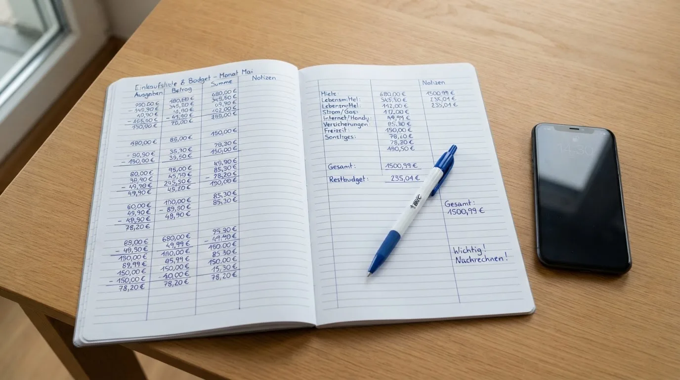 Ein Notizbuch mit handgeschriebenen Zahlen und ein Kugelschreiber liegen auf einem Tisch, daneben ein Smartphone mit schwarzem Bildschirm.