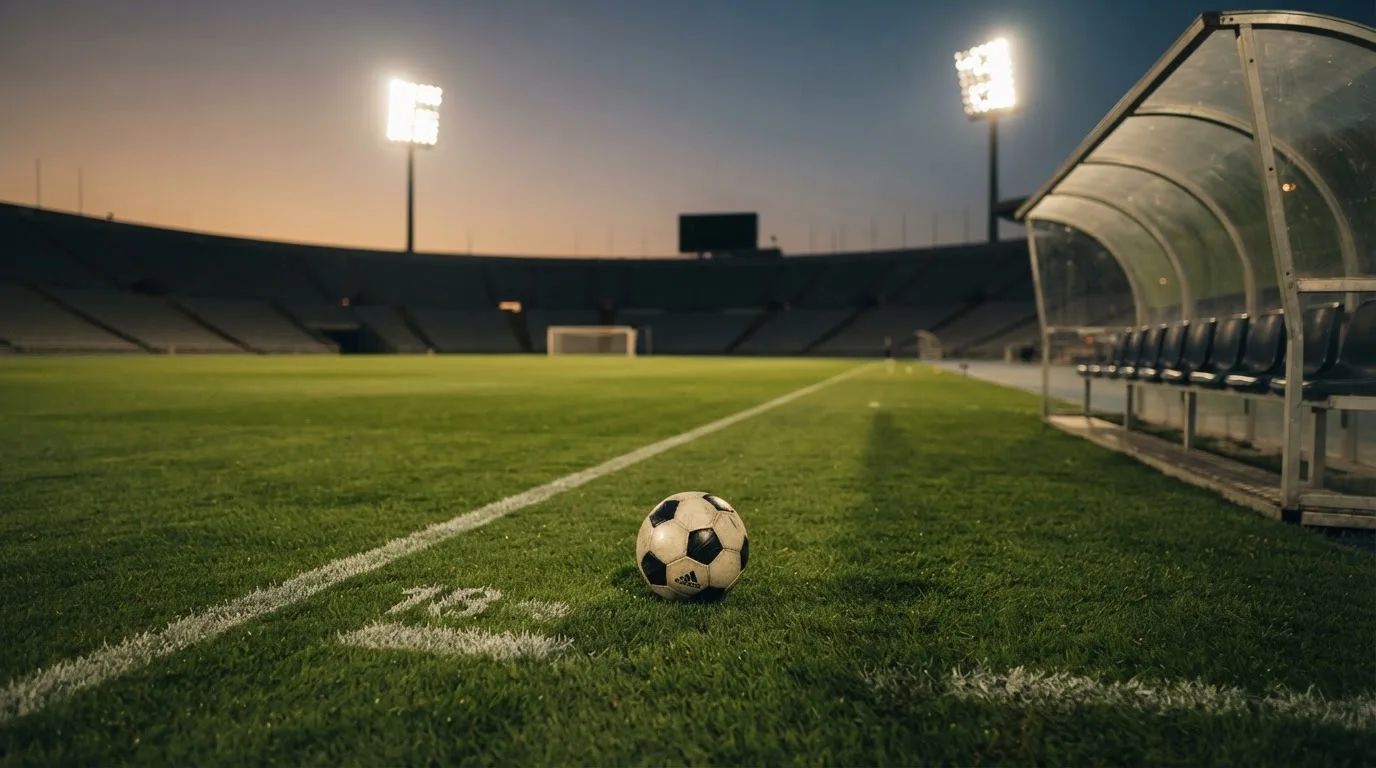 Ein Fußball liegt am Spielfeldrand neben einer leeren Ersatzbank, das Flutlicht über dem Platz leuchtet in der Dämmerung.