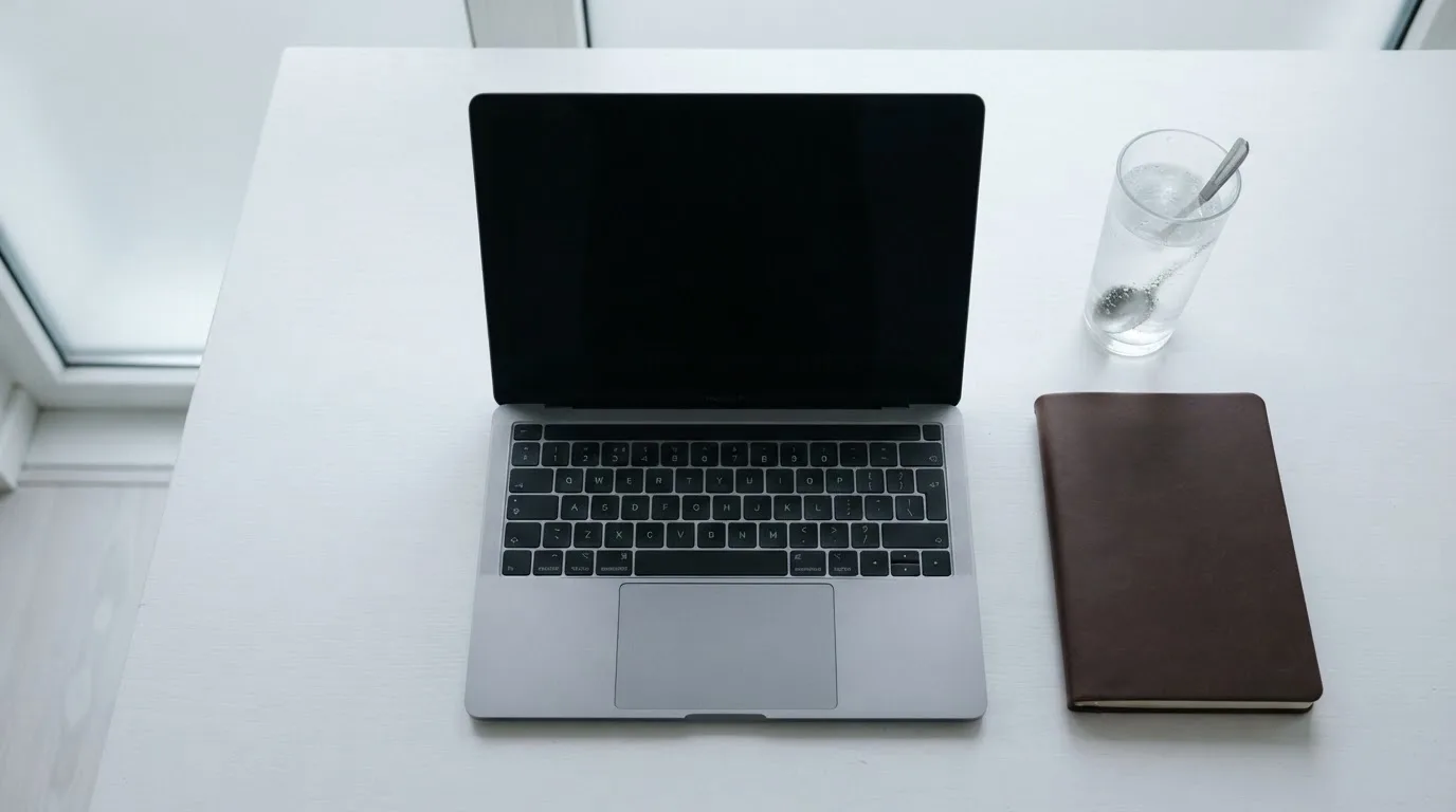 Ein Laptop mit dunklem Bildschirm steht aufgeklappt auf einem Schreibtisch, daneben ein Notizbuch und ein Glas Wasser.