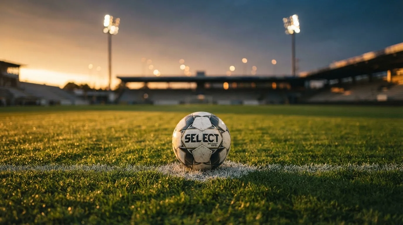 Ein Fußball liegt auf dem Anstoßpunkt eines Rasenplatzes in der Abenddämmerung, Flutlichtmasten stehen unscharf im Hintergrund.