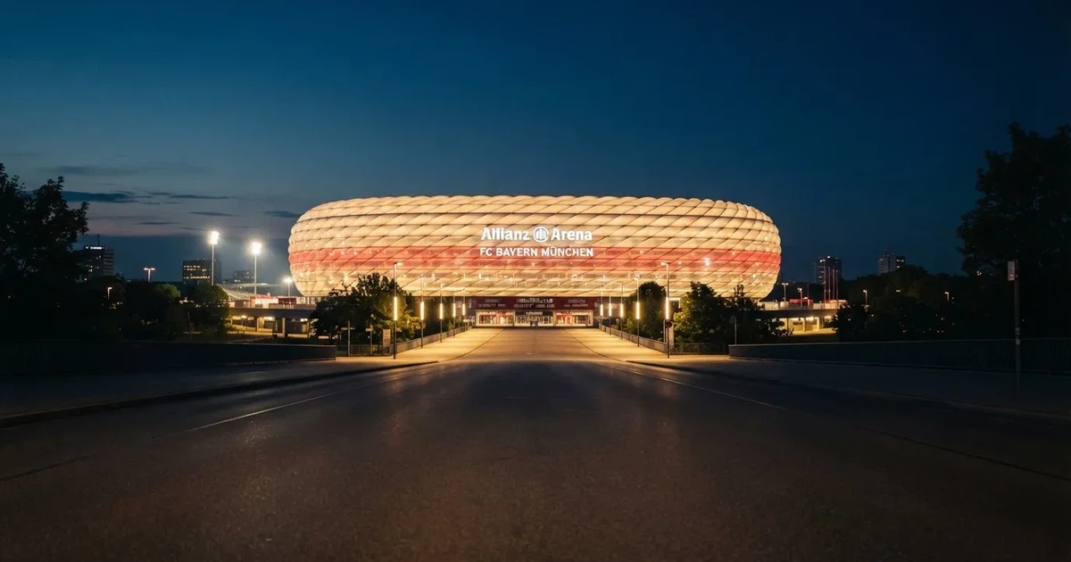 Ein hell erleuchtetes Fußballstadion bei Nacht aus der Ferne gesehen, über dem Dach ein klarer Himmel, davor eine leere Straße.
