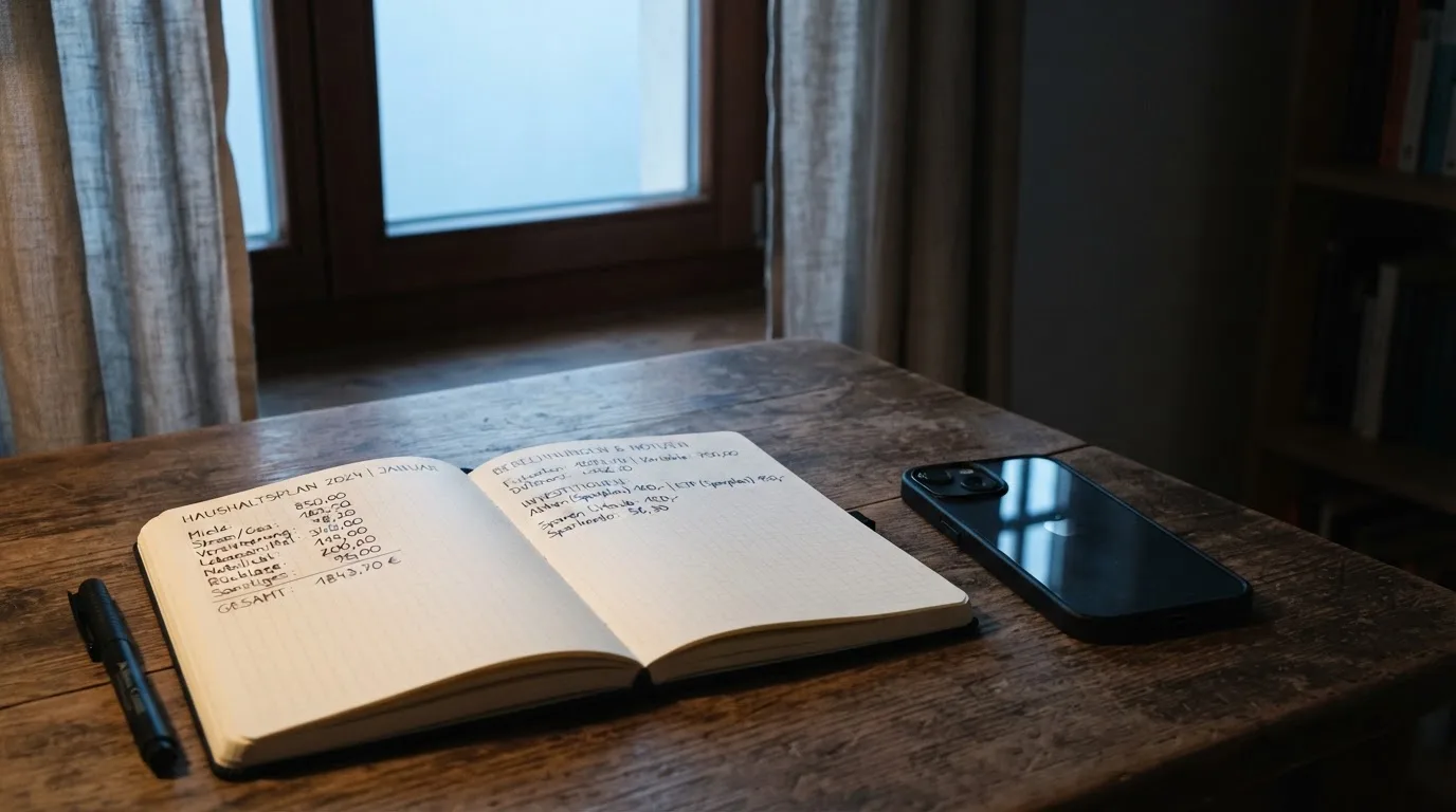 Ein Notizbuch mit handschriftlichen Zahlen liegt neben einem Smartphone mit dunklem Display auf einem Tisch, im Fenster Dämmerlicht.