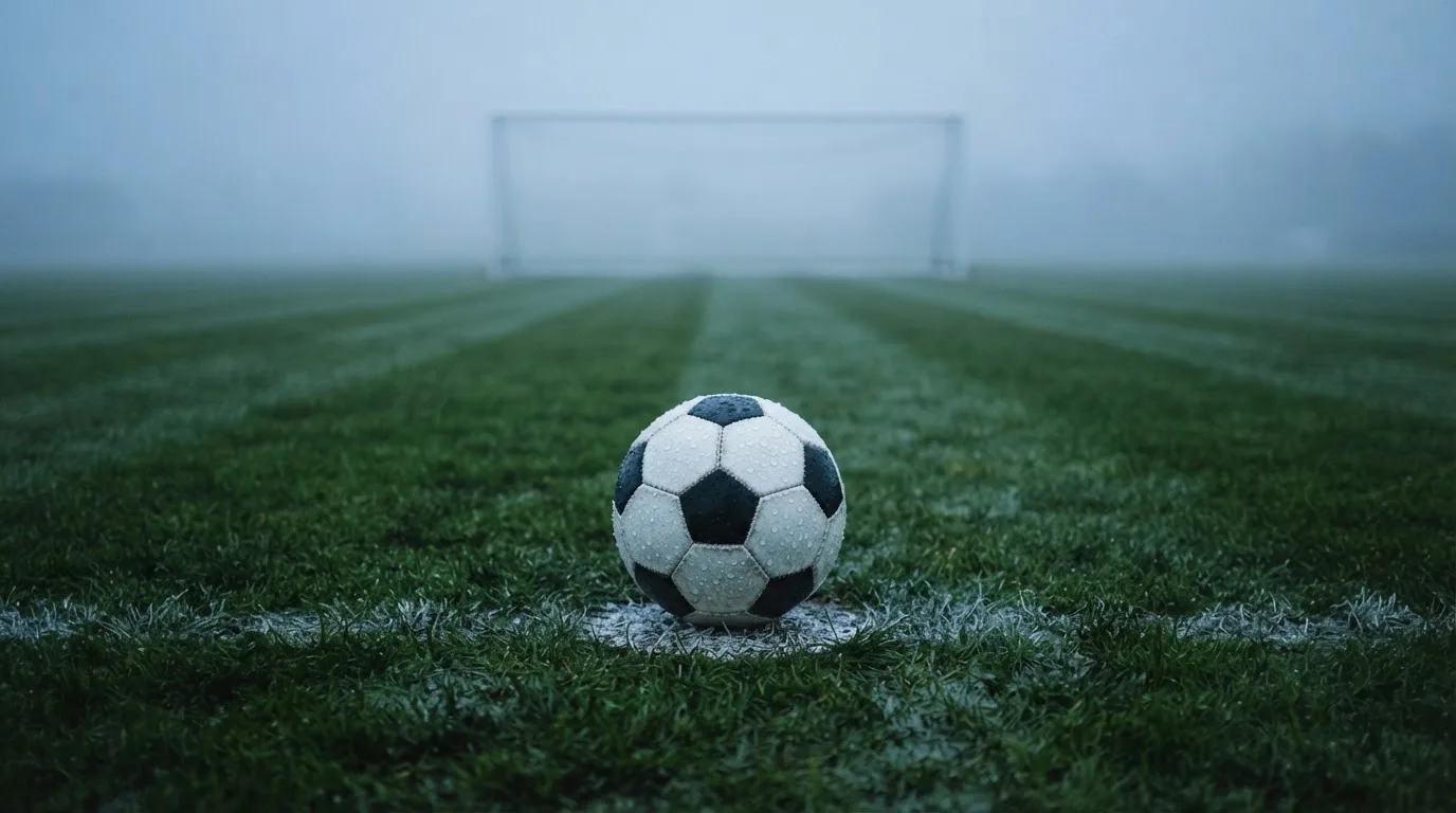 Ein Fußball liegt auf dem Elfmeterpunkt eines nassen Rasenplatzes, im Hintergrund ein leeres Tor im Nebel.