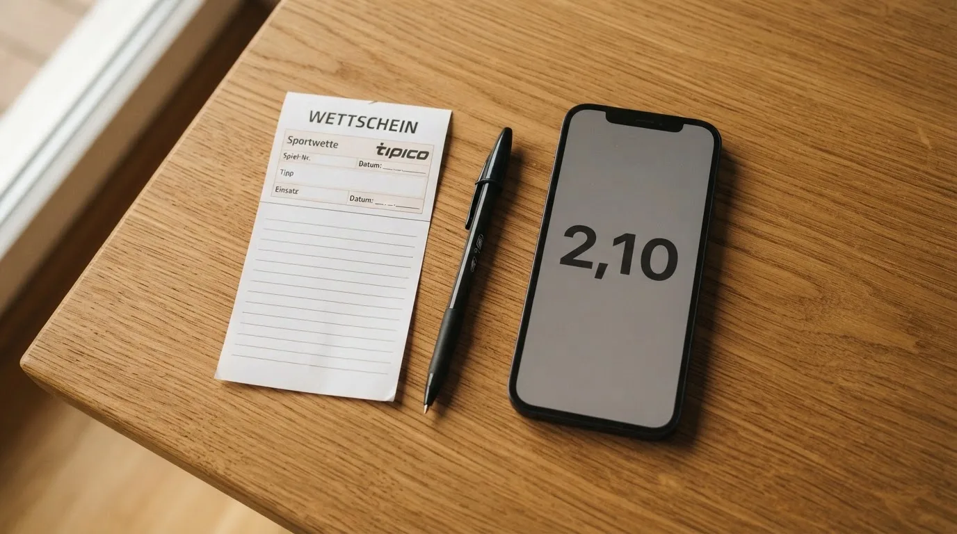 Ein leerer Papier-Wettschein und ein Kugelschreiber liegen auf einem Holztisch neben einem schwarzen Smartphone.