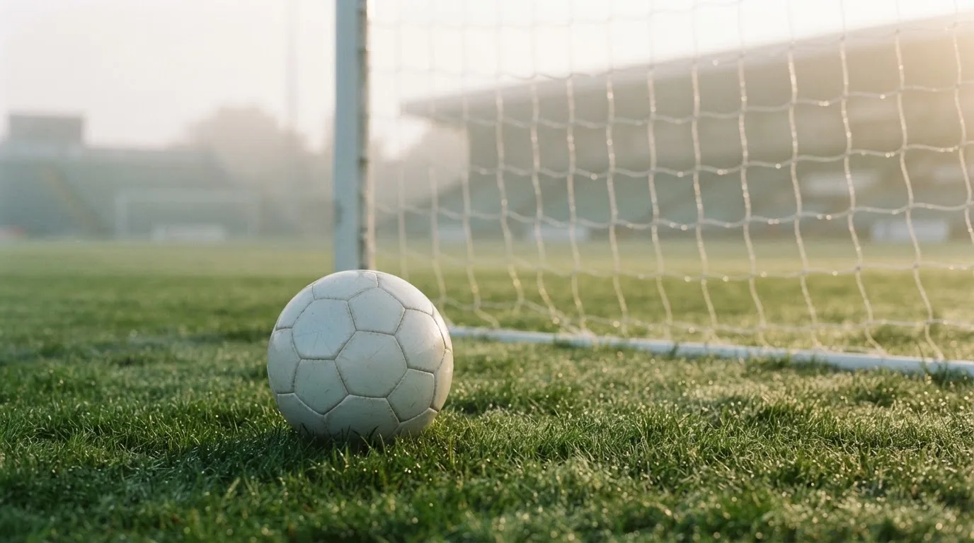 Ein Fußball liegt auf dem Rasen vor einem Tor im Morgennebel, die Netzmaschen sind taufeucht.