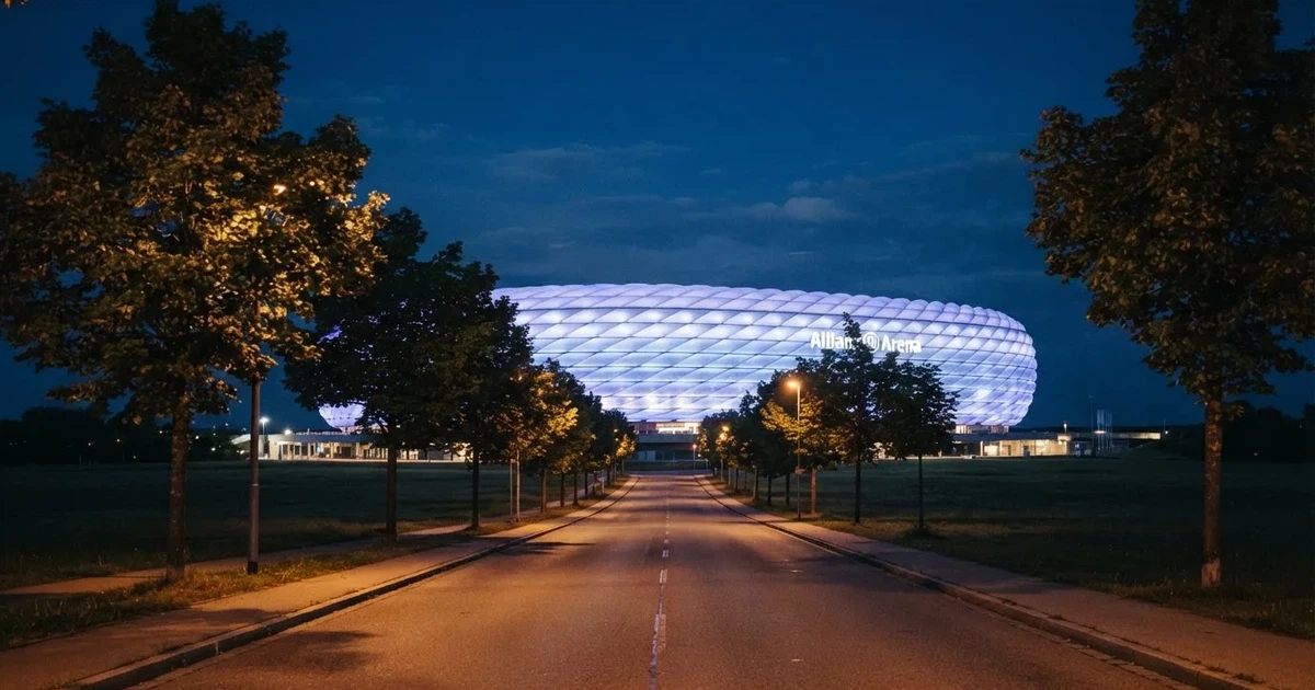 Ein hell erleuchtetes Stadion aus der Ferne bei Nacht, davor eine stille Straße und ein paar Bäume.