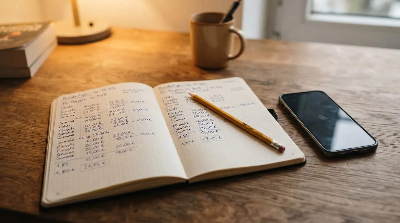 Ein Notizbuch mit handschriftlichen Zahlenreihen liegt neben einem Bleistift und einem Smartphone mit dunklem Display auf einem Tisch.