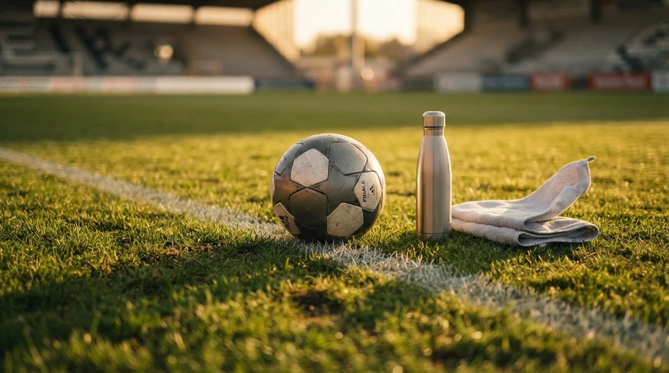 Ein Fußball auf einer Wiese neben der Seitenlinie, daneben eine Trinkflasche ohne Aufdruck und ein Handtuch.