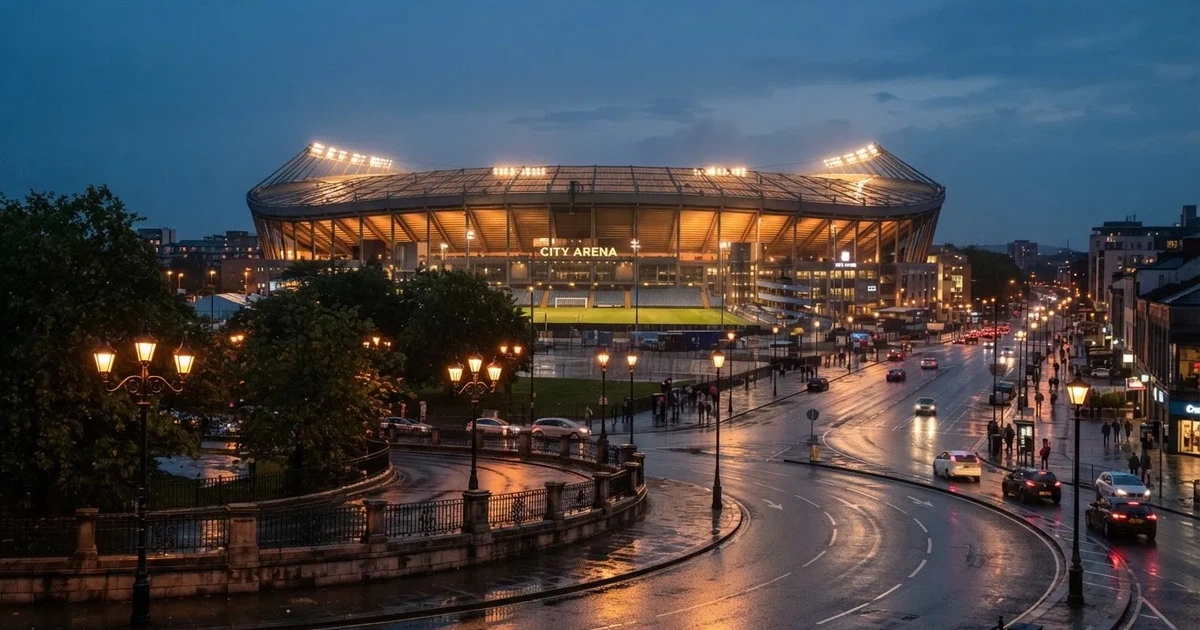 Ein Fußballstadion in der Dämmerung aus der Ferne, die Flutlichter gerade eingeschaltet, davor ein Kreisverkehr mit Laternen.