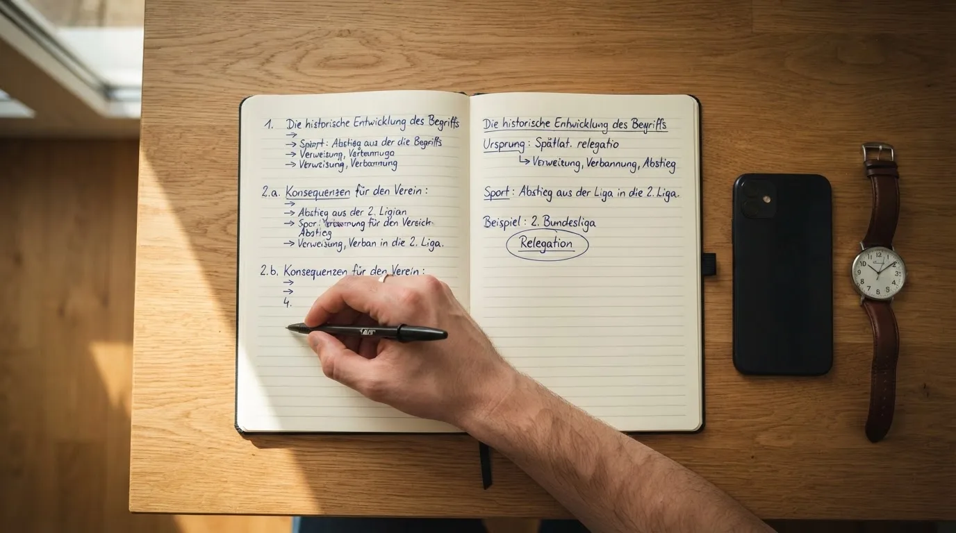 Ein Notizbuch mit handschriftlichen Notizen und ein Taschenrechner liegen auf einem Schreibtisch neben einem Smartphone mit dunklem Display.