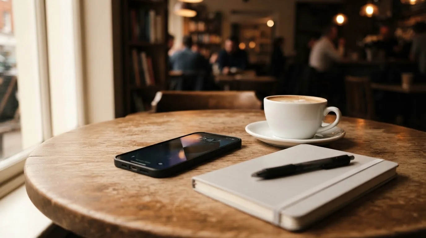 Ein Smartphone liegt mit schwarzem Display neben einer Kaffeetasse und einem Notizblock auf einem Café-Tisch.