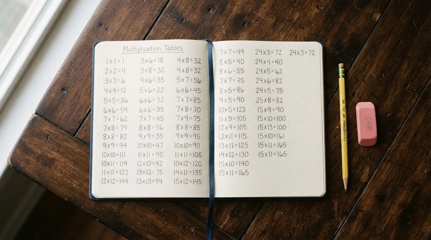 Ein Notizbuch mit handschriftlichen Multiplikationen liegt aufgeschlagen auf einem Holztisch, daneben ein Bleistift und ein Radiergummi.