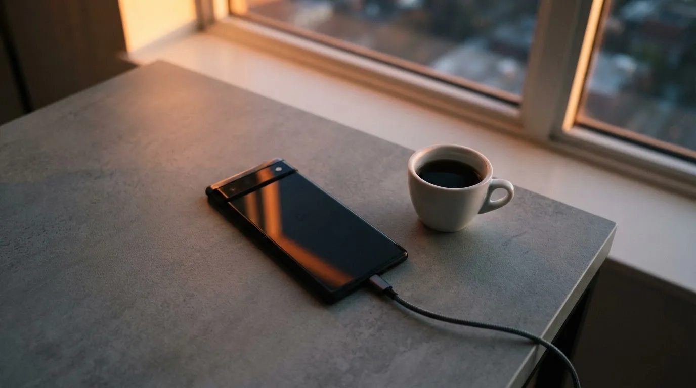 Ein Smartphone mit dunklem Display liegt neben einer Kaffeetasse auf einem Schreibtisch, durch das Fenster fällt Abendlicht.