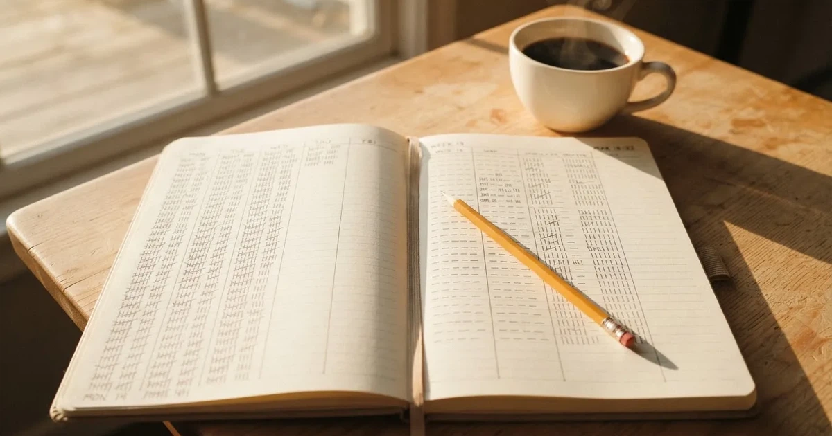 Ein aufgeschlagenes Notizbuch mit handgezeichneten Spalten und Strichen liegt neben einem Bleistift und einer Kaffeetasse auf einem Tisch am Morgen.