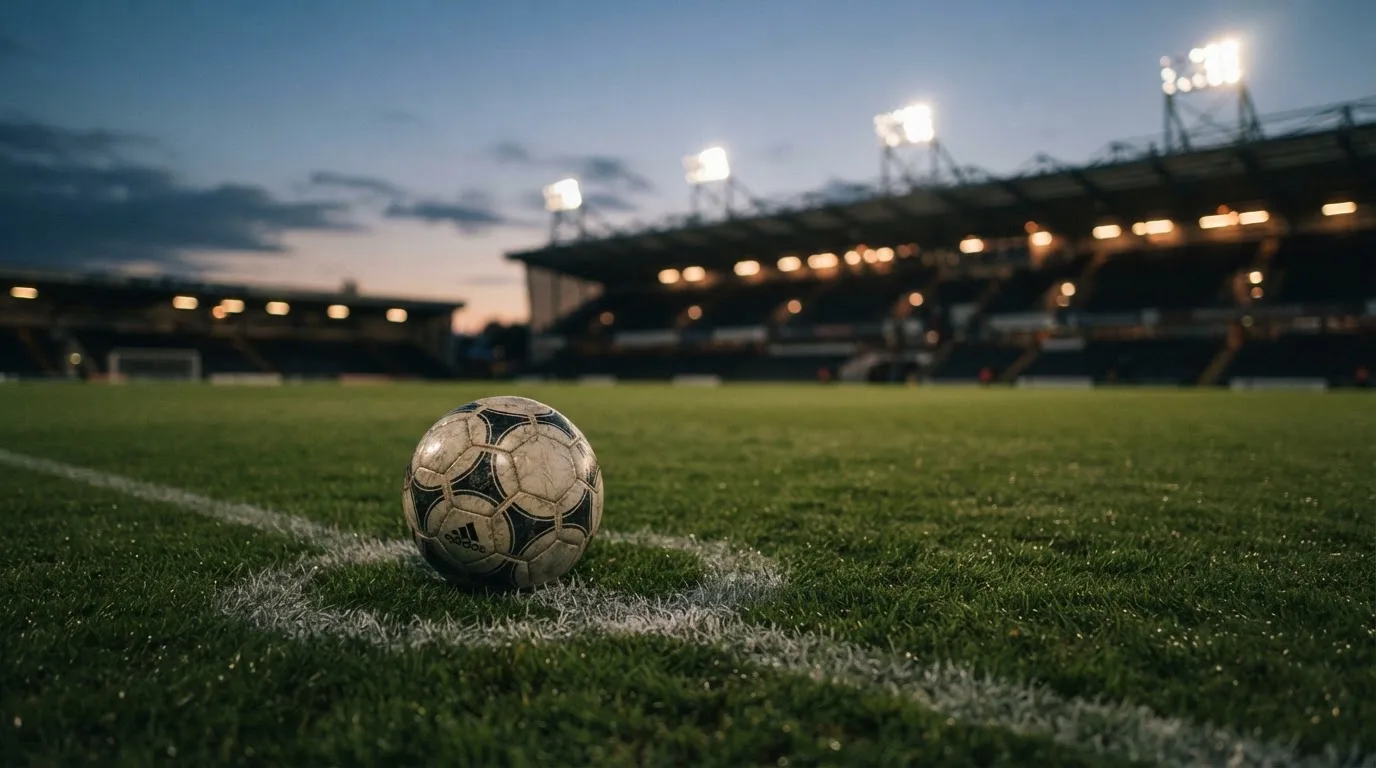 Ein Fußball liegt auf einem Rasenplatz in der Dämmerung, im Hintergrund ein ferner Stadionrand unter Flutlicht.