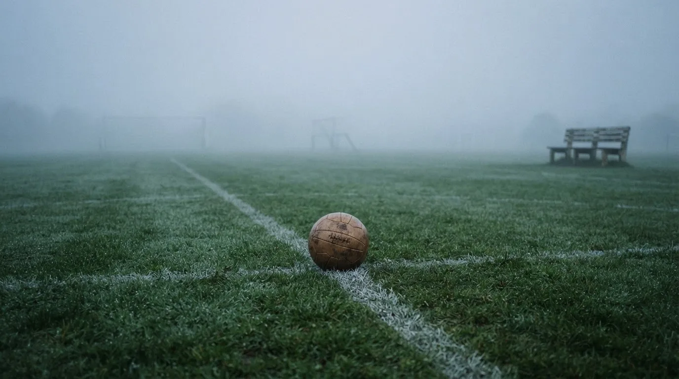 Ein Fußball liegt in der Mitte eines leeren Rasenplatzes im Morgennebel, am Rand steht eine einzelne Auswechselbank.