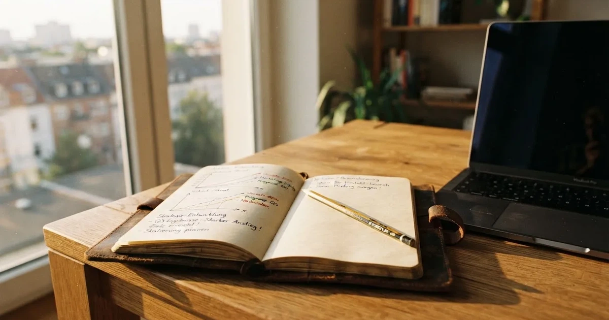 Ein Laptop-Bildschirm bleibt dunkel, davor ein Notizbuch mit handgezeichneten Kurven und ein Bleistift auf einem Schreibtisch am Fenster.