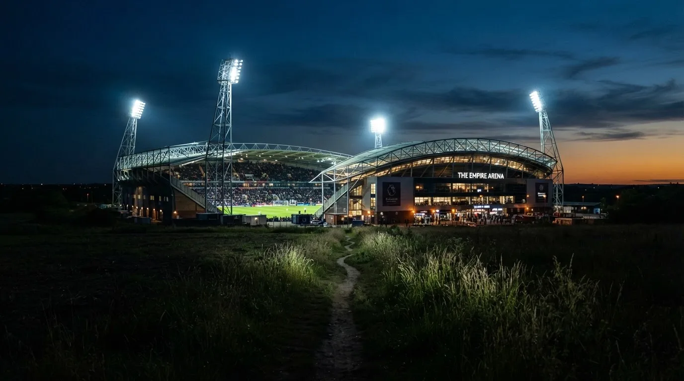 Ein Stadion unter Flutlicht von weitem gesehen, davor ein Feld und ein Feldweg im Dunkeln.